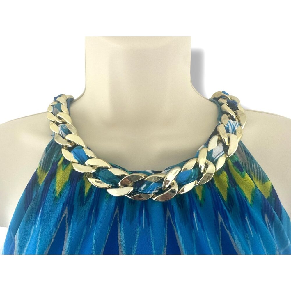 Dressbarn Blue Ikat Print Gold Chain Halter Neck Blouson Maxi Dress Sz 16 Summer - Picture 3 of 9
